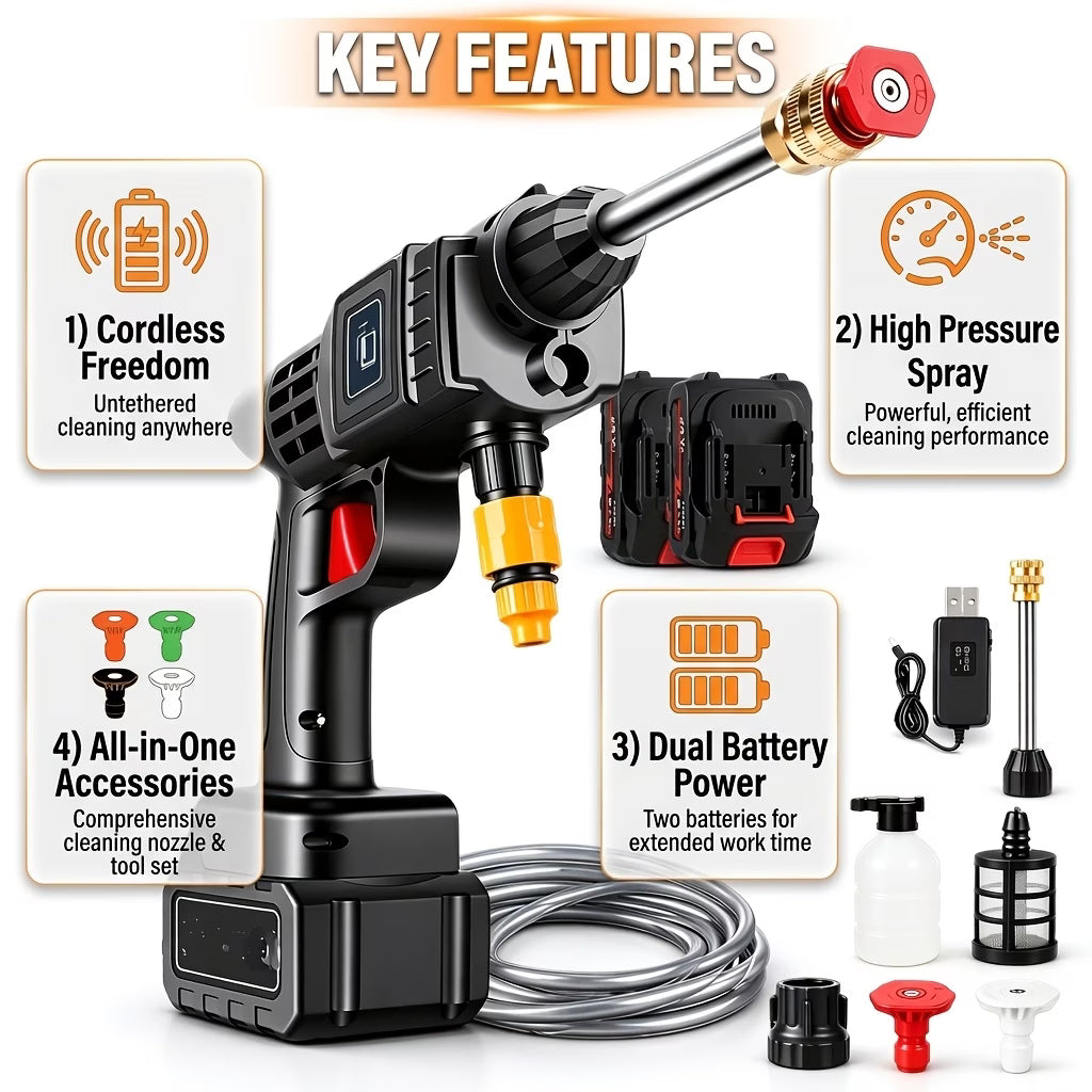2 Battery-Portable Cordless Car High Pressure Washer Jet Water Wash Cleaner Gun
